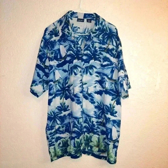 Cherokee 100% Silk Shirt Mens Button Front Hawaiian Tropical Island Size Large - Picture 1 of 4